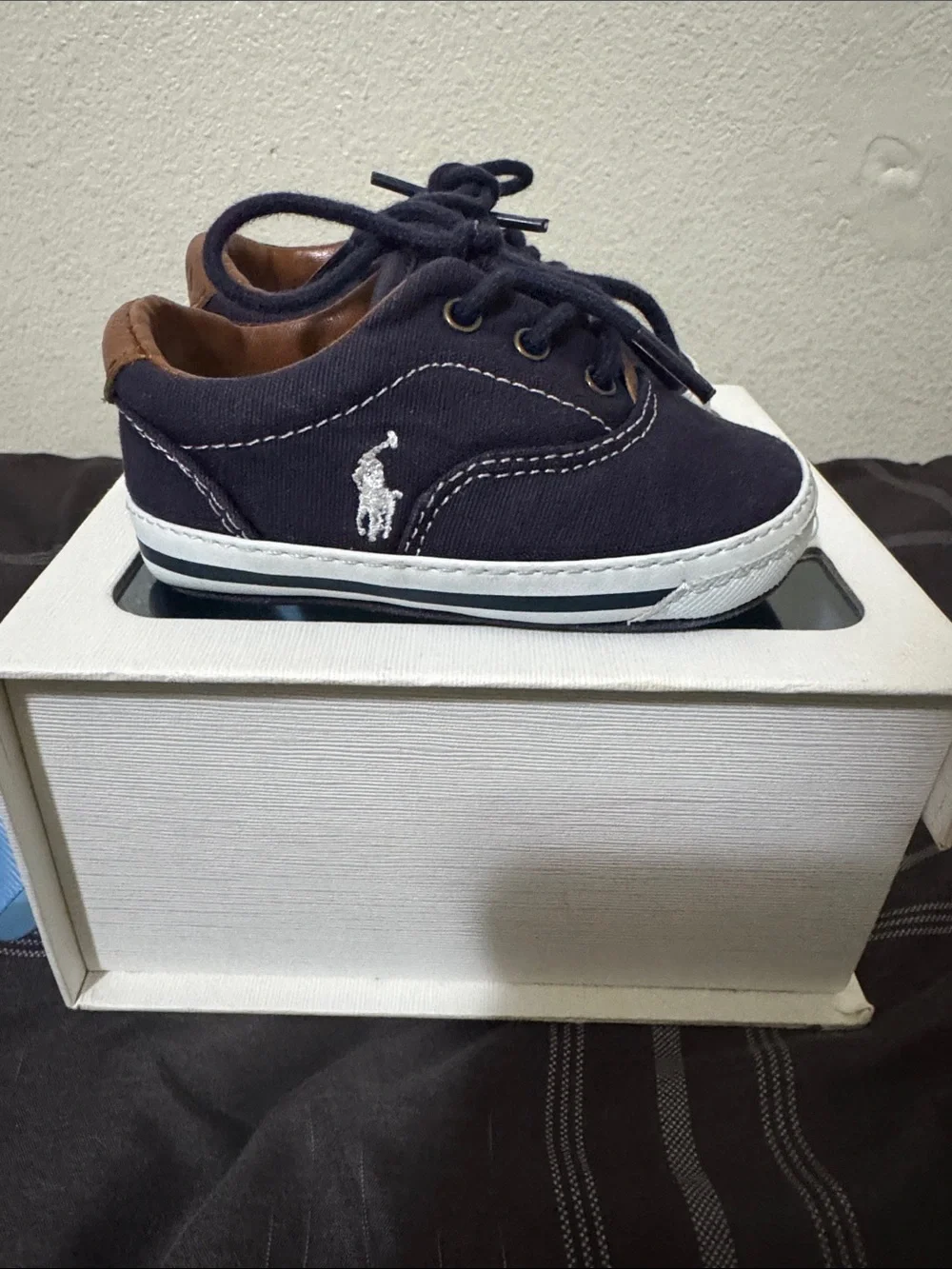 Ralph Lauren Kids Navy Canvas Sneakers with Tan Trim